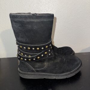 UGG Moto Harness Booties Black Suede Fleece Lined Flat Zip Boots Size 6 / 37